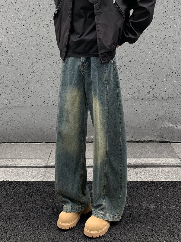 Τζιν από βαμβάκι με φαρδιά γραμμή, μεσαία μέση, κουμπωτό κλείσιμο, μακριά παντελόνια, Hong Kong στυλ