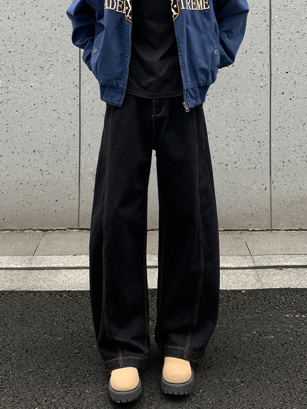 Τζιν από βαμβάκι με φαρδιά γραμμή, μεσαία μέση, κουμπωτό κλείσιμο, μακριά παντελόνια, Hong Kong στυλ