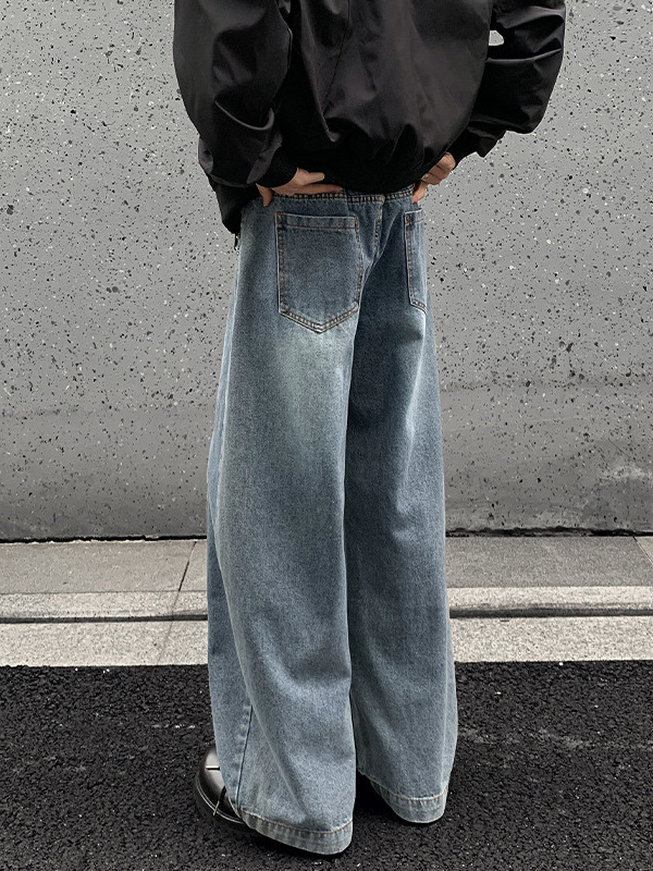 Τζιν από βαμβάκι με φαρδιά γραμμή, μεσαία μέση, κουμπωτό κλείσιμο, μακριά παντελόνια, Hong Kong στυλ