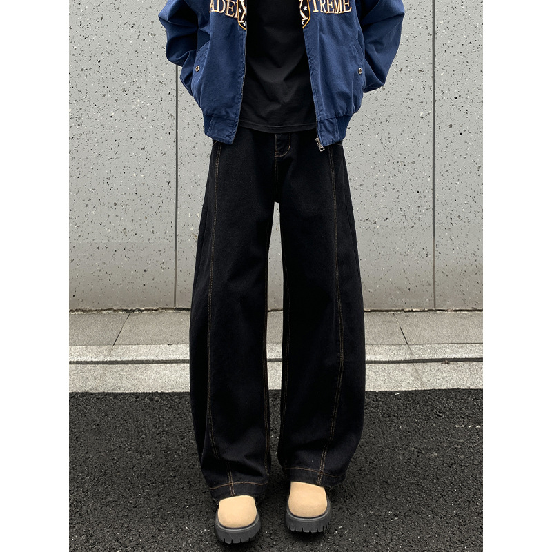 Τζιν από βαμβάκι με φαρδιά γραμμή, μεσαία μέση, κουμπωτό κλείσιμο, μακριά παντελόνια, Hong Kong στυλ