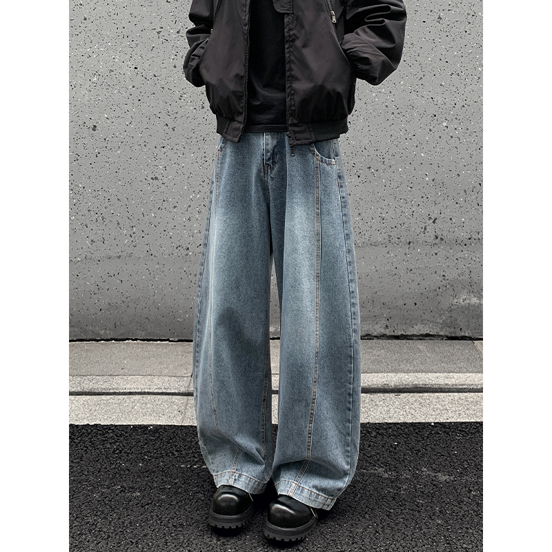 Τζιν από βαμβάκι με φαρδιά γραμμή, μεσαία μέση, κουμπωτό κλείσιμο, μακριά παντελόνια, Hong Kong στυλ
