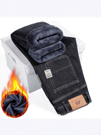 Pánske džínové nohavice so strihom rovno, zimnou podšívkou, stredný pás, mierne elastická látka