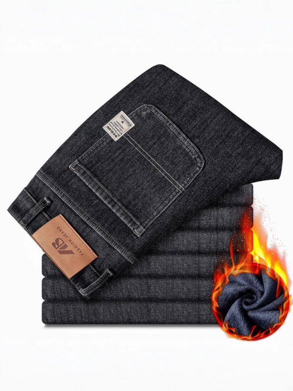 Pánske džínové nohavice so strihom rovno, zimnou podšívkou, stredný pás, mierne elastická látka