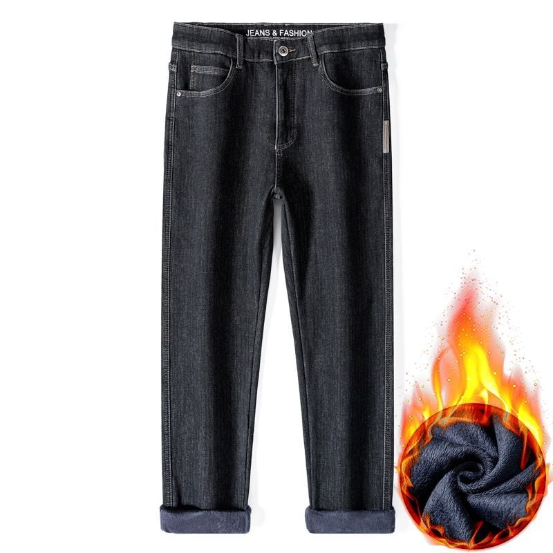 Pánske džínové nohavice so strihom rovno, zimnou podšívkou, stredný pás, mierne elastická látka