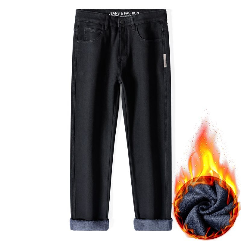 Pánske džínové nohavice so strihom rovno, zimnou podšívkou, stredný pás, mierne elastická látka