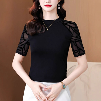 Tricou damă din plasă, croială slim, mâneci lungi, guler semi-înalt, stil elegant