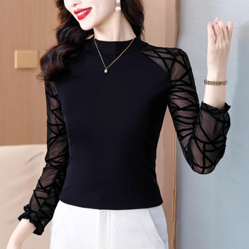 Tricou damă din plasă, croială slim, mâneci lungi, guler semi-înalt, stil elegant