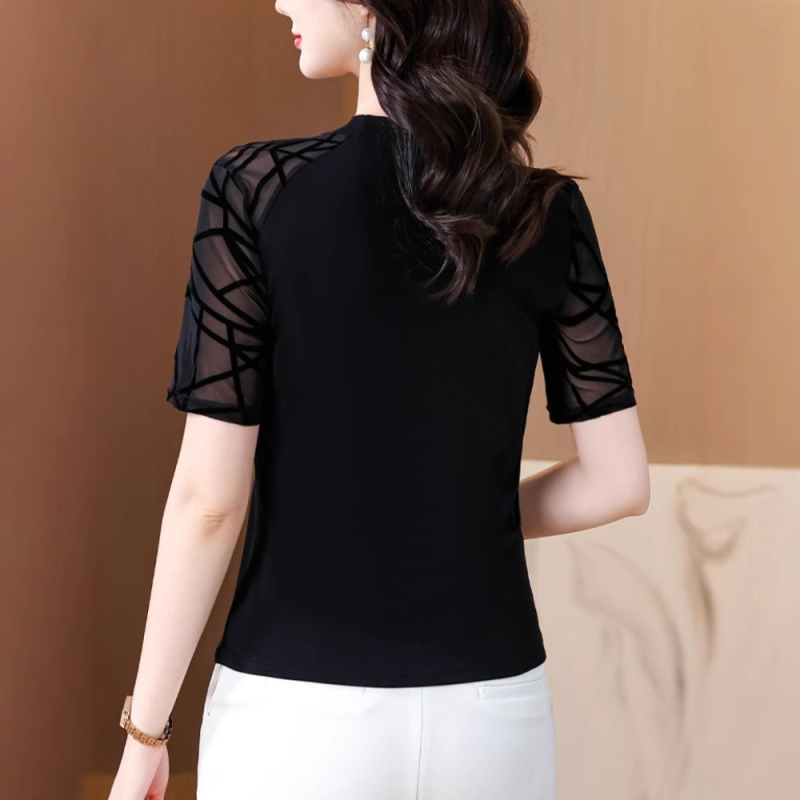 Tricou damă din plasă, croială slim, mâneci lungi, guler semi-înalt, stil elegant