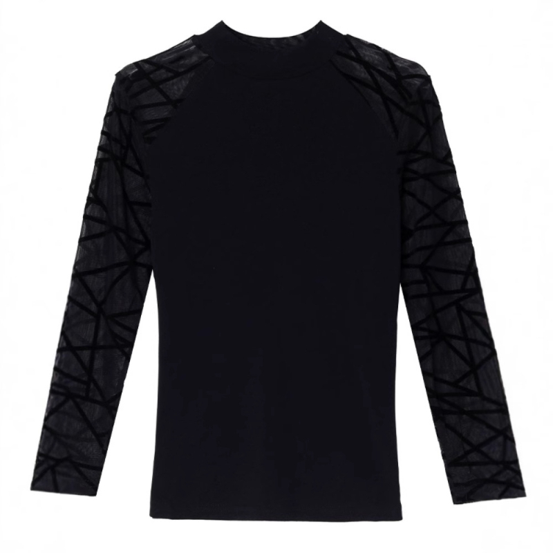 Tricou damă din plasă, croială slim, mâneci lungi, guler semi-înalt, stil elegant