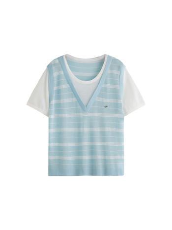 Naili топ с илюзорен двуслоен изглед в райета, летен сезон 2025, кръгло деколте, 3/4 ръкав, смес вискоза/найлон