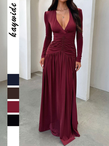 Rochie lungă în linie A, decolteu adânc în V, mâneci lungi, talie medie, tricot poliester