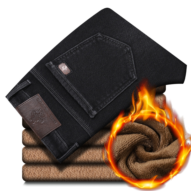 Pantaloni Denim Casual pentru Bărbați - croială dreaptă, talie medie, fermoar, cusături decorative, spălare, amestec bumbac-poliester-elastan