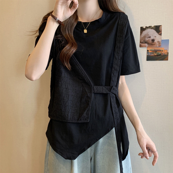 Tricou damă din două părți, cu colaj/îmbinare, guler rotund, mânecă scurtă, lungime medie