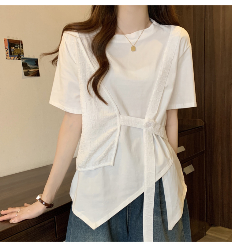 Tricou damă din două părți, cu colaj/îmbinare, guler rotund, mânecă scurtă, lungime medie