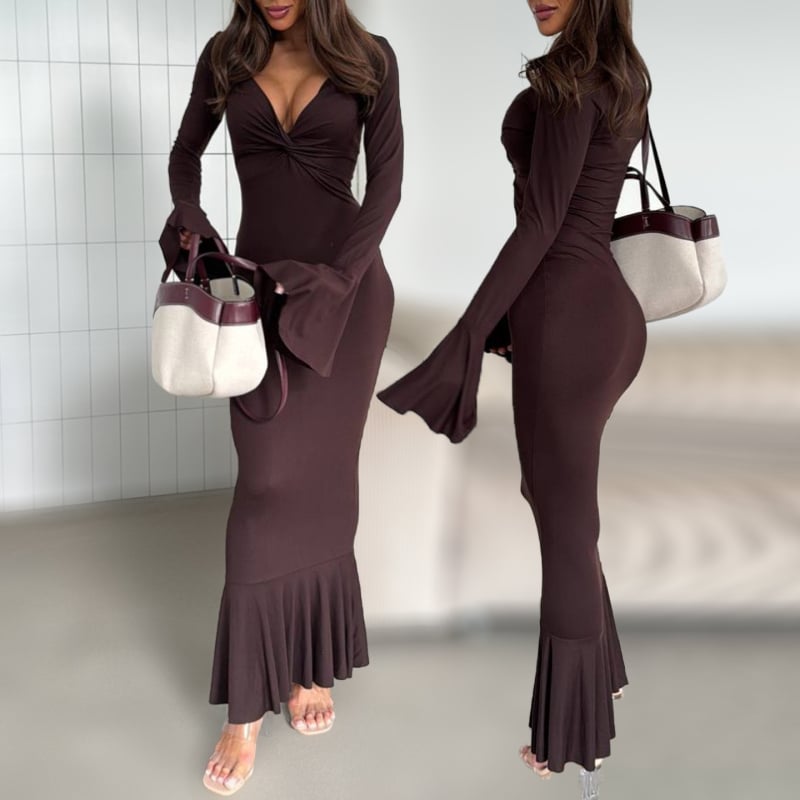 Haljina s V izrezom, rukavi u stilu lotosa, kratka duljina, uski bodycon kroj, poliester s elastanom