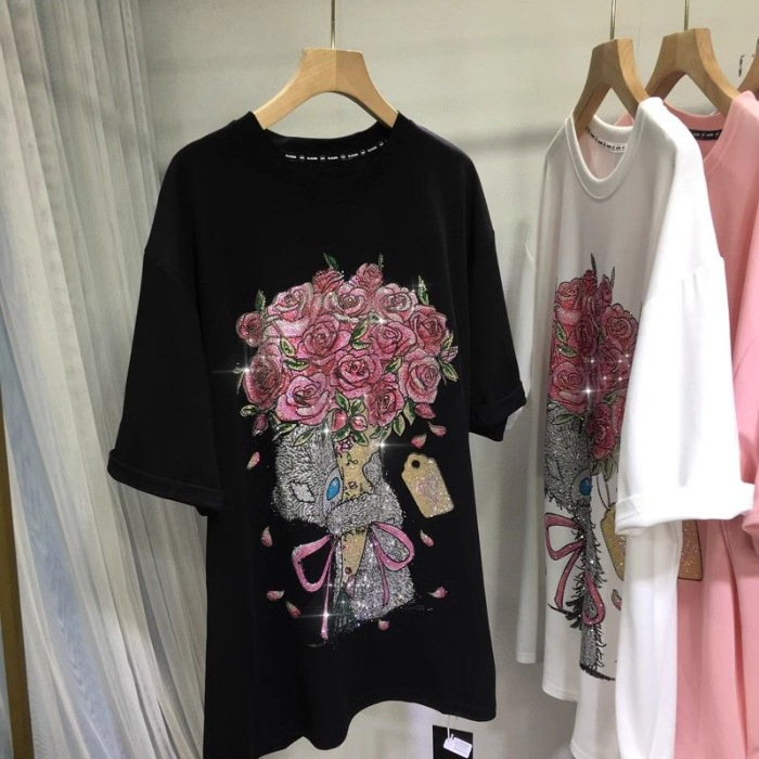 Tricou din bumbac cu imprimeu anime, guler rotund, mâneci scurte, croială lejeră, lungime medie-lungă, stil european și american