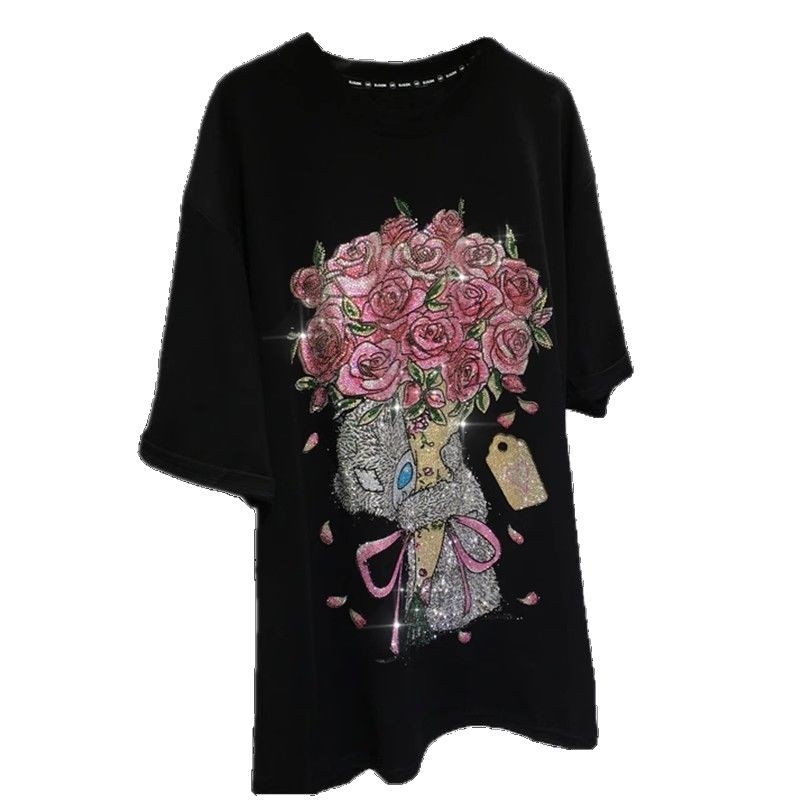 Tricou din bumbac cu imprimeu anime, guler rotund, mâneci scurte, croială lejeră, lungime medie-lungă, stil european și american