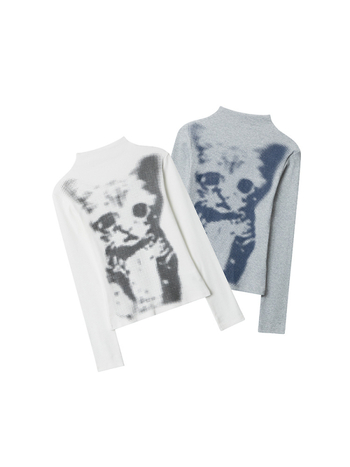 Top dama cu mâneci lungi, imprimeu cu pisică, guler rotund, croială slim, din bumbac/elastan