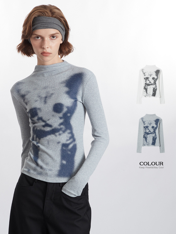 Top dama cu mâneci lungi, imprimeu cu pisică, guler rotund, croială slim, din bumbac/elastan