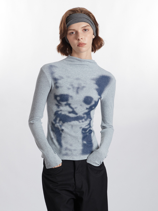 Top dama cu mâneci lungi, imprimeu cu pisică, guler rotund, croială slim, din bumbac/elastan