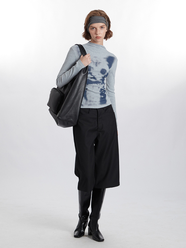 Top dama cu mâneci lungi, imprimeu cu pisică, guler rotund, croială slim, din bumbac/elastan