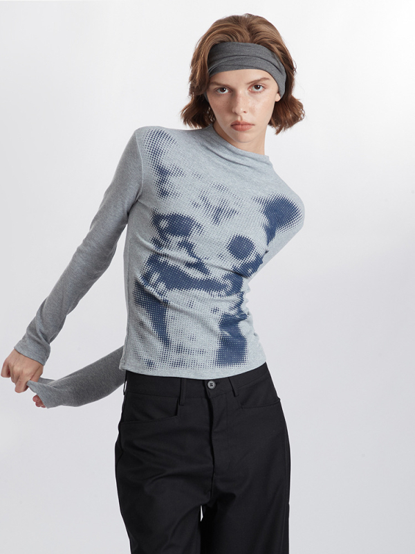 Top dama cu mâneci lungi, imprimeu cu pisică, guler rotund, croială slim, din bumbac/elastan