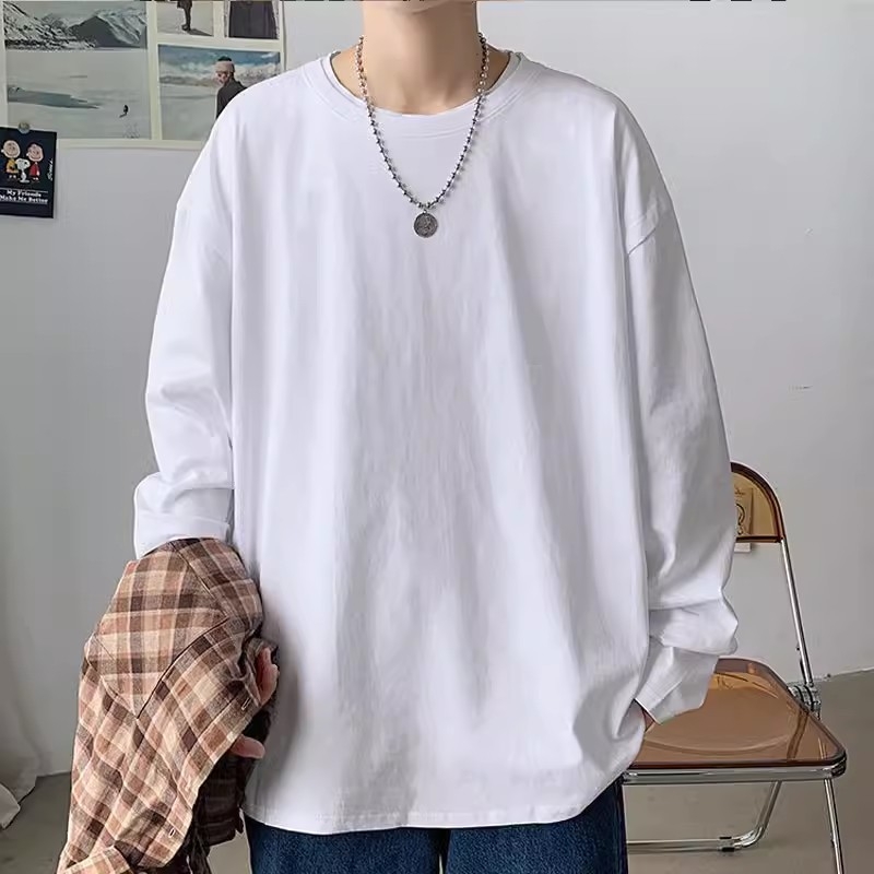 Tricou din bumbac cu mânecă lungă, croială lejeră, guler rotund, strat de bază, stil minimalist