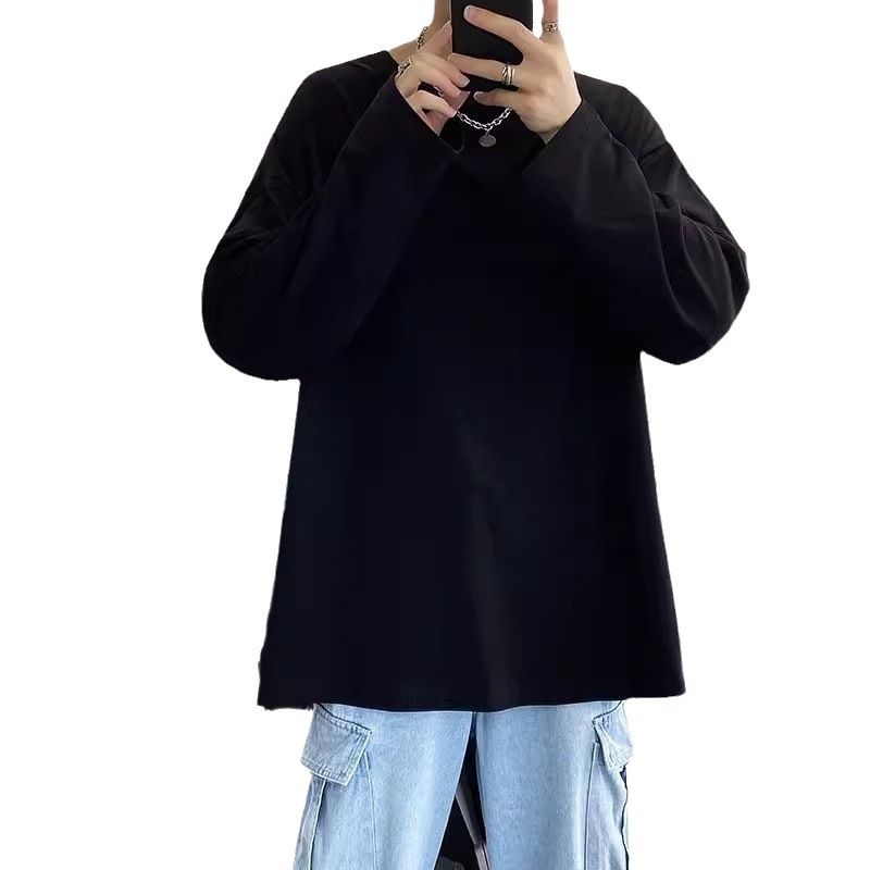 Tricou din bumbac cu mânecă lungă, croială lejeră, guler rotund, strat de bază, stil minimalist