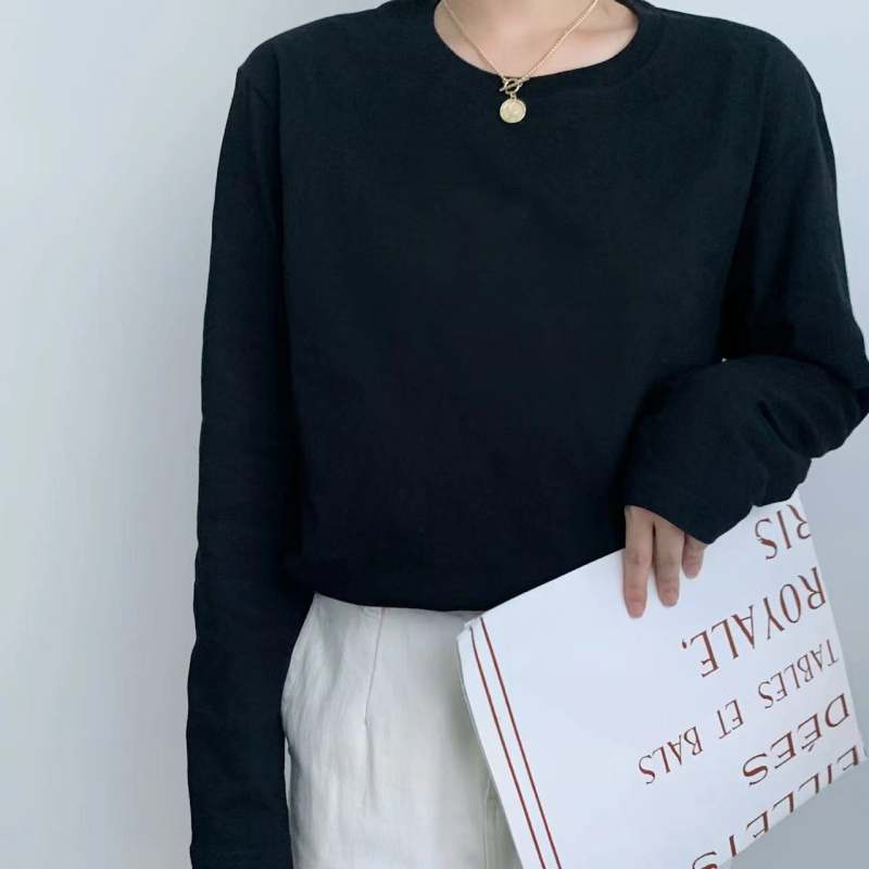 Tricou din bumbac cu mânecă lungă, croială lejeră, guler rotund, strat de bază, stil minimalist