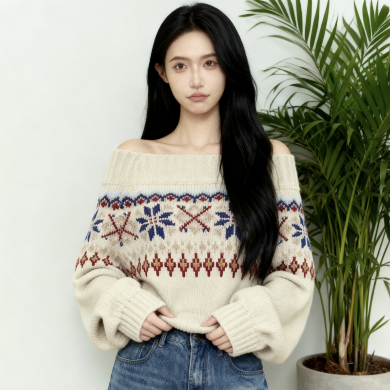 Džemperis ar vienu plecu — viskozes un poliesteres maisījums, patchwork raksts, brīvs griezums, parastā garums