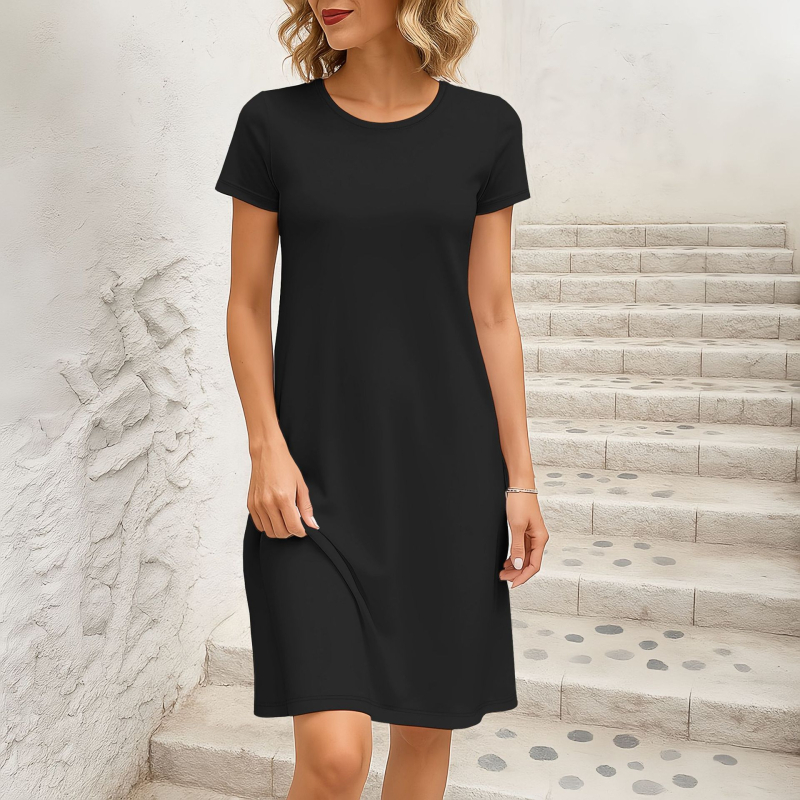 Rochie A-line midi, mâneci scurte, decolteu rotund, culoare solidă, poliester cu elastan, stil casual vară 2025