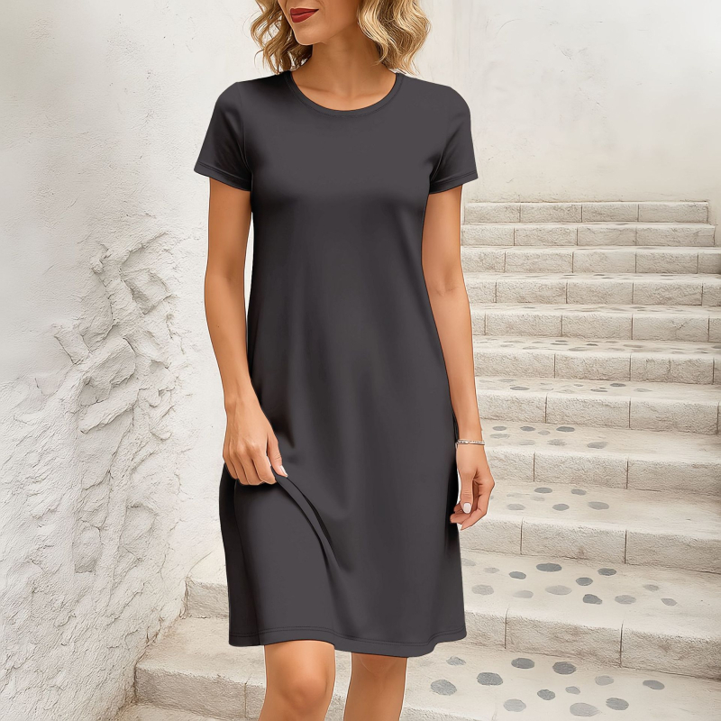 Rochie A-line midi, mâneci scurte, decolteu rotund, culoare solidă, poliester cu elastan, stil casual vară 2025