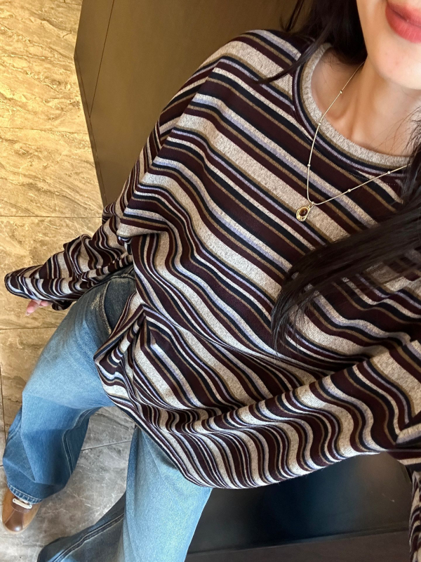 Tricou cu mâneci lungi, dungi, guler rotund, croială lejeră (polyester 95% / spandex 5%, model pe dungi, mâneci lungi, guler rotund, croială lejeră)