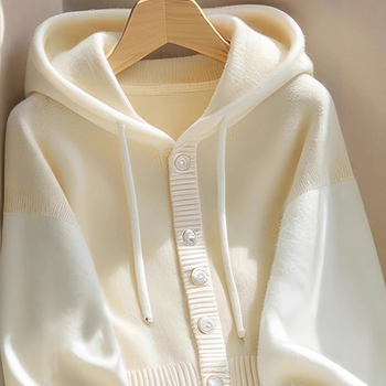 Cardigan tricotat cu glugă pentru femei, croială liberă, amestec acrilic-poliester, culoare solidă