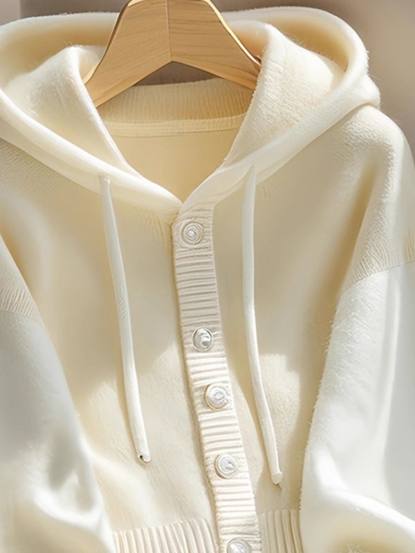 Cardigan tricotat cu glugă pentru femei, croială liberă, amestec acrilic-poliester, culoare solidă