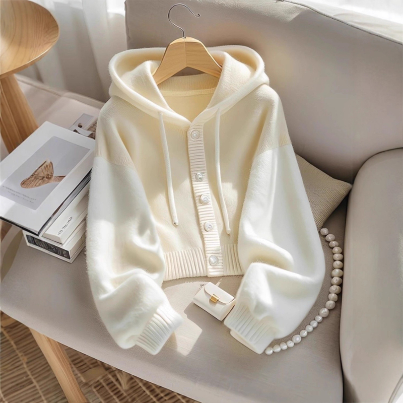 Cardigan tricotat cu glugă pentru femei, croială liberă, amestec acrilic-poliester, culoare solidă