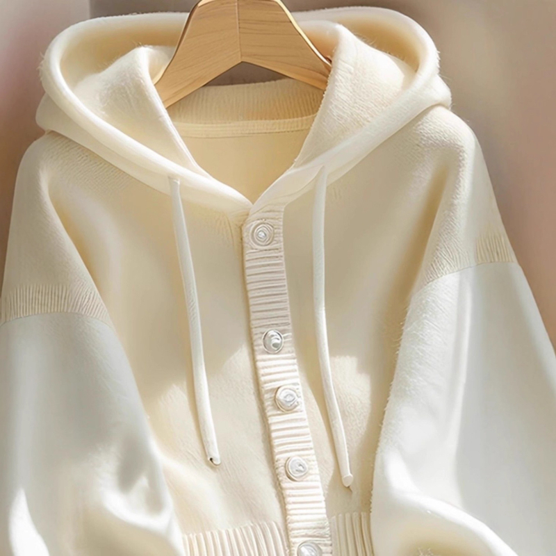 Cardigan tricotat cu glugă pentru femei, croială liberă, amestec acrilic-poliester, culoare solidă