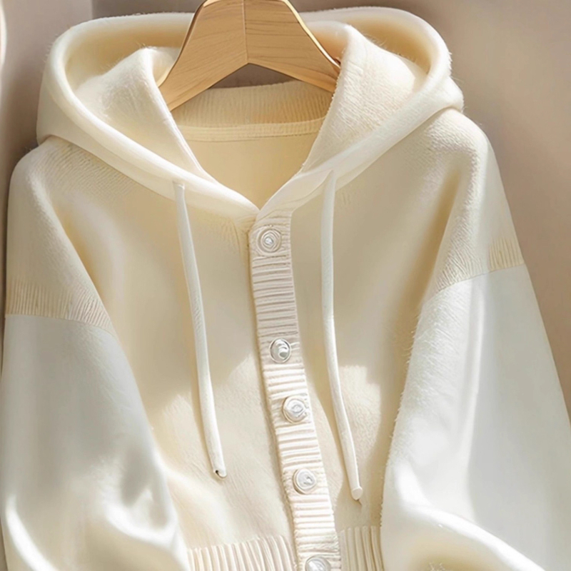 Cardigan tricotat cu glugă pentru femei, croială liberă, amestec acrilic-poliester, culoare solidă