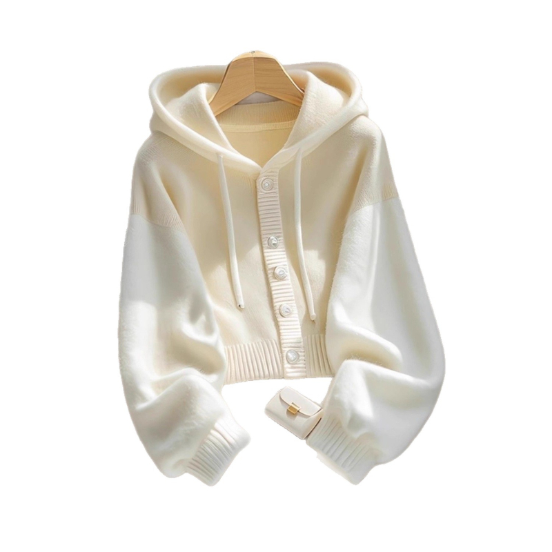 Cardigan tricotat cu glugă pentru femei, croială liberă, amestec acrilic-poliester, culoare solidă