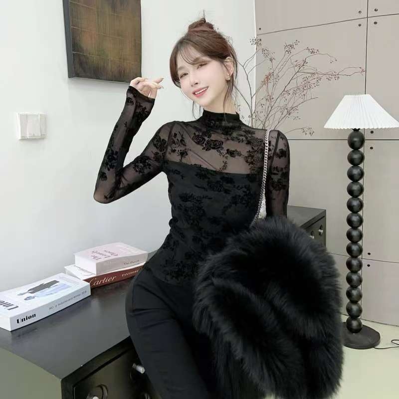 Bluza din dantelă și plasă, croială Slim, mâneci lungi, guler semiînalt, poliester-elastan, lungime regulată 50–65 cm