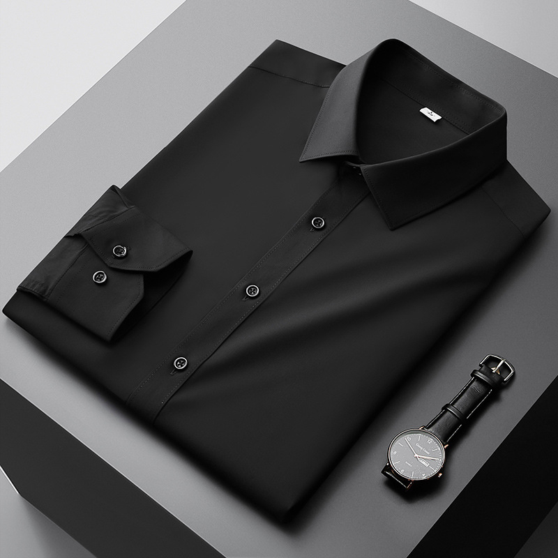 Cămașă bărbați cu mâneci lungi, fibre de bambus, non-iron, anti-pliuri, respirabilă, lavabilă la mașină, amestec poliester, guler drept pătrat, stil business