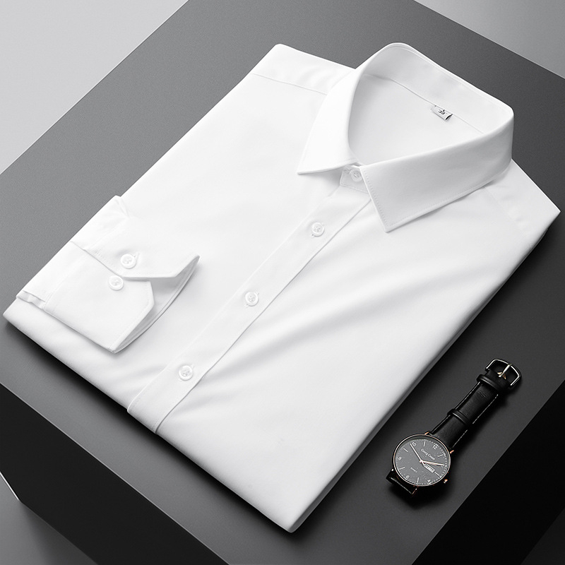 Cămașă bărbați cu mâneci lungi, fibre de bambus, non-iron, anti-pliuri, respirabilă, lavabilă la mașină, amestec poliester, guler drept pătrat, stil business