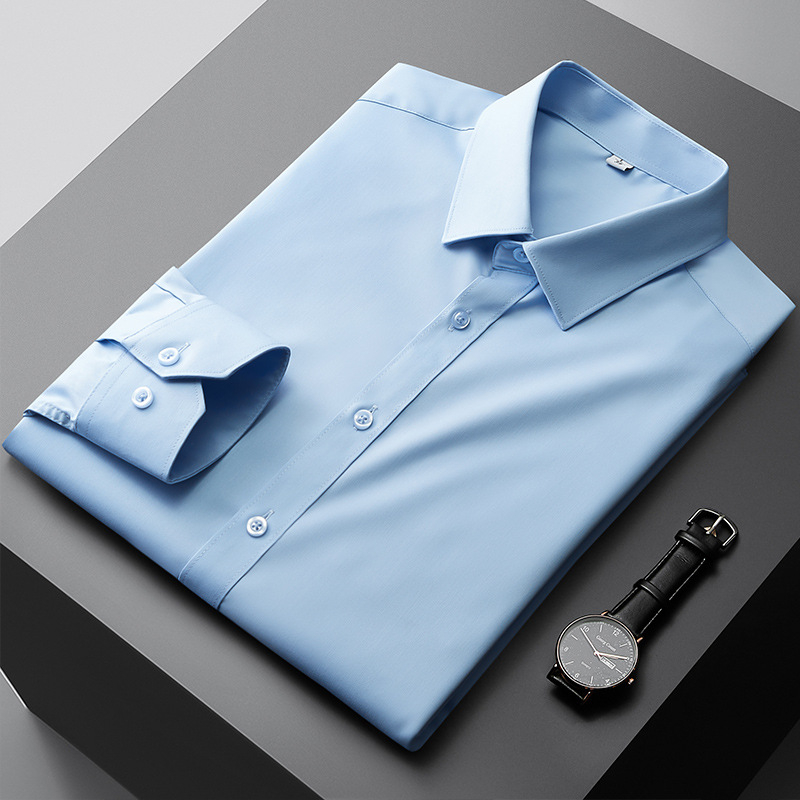 Cămașă bărbați cu mâneci lungi, fibre de bambus, non-iron, anti-pliuri, respirabilă, lavabilă la mașină, amestec poliester, guler drept pătrat, stil business