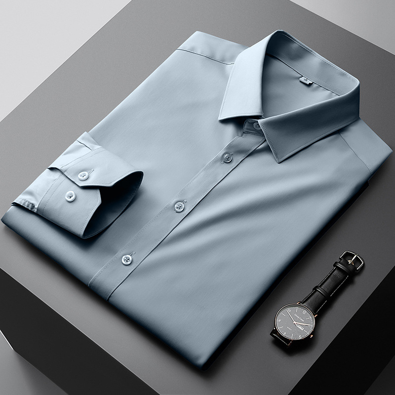Cămașă bărbați cu mâneci lungi, fibre de bambus, non-iron, anti-pliuri, respirabilă, lavabilă la mașină, amestec poliester, guler drept pătrat, stil business