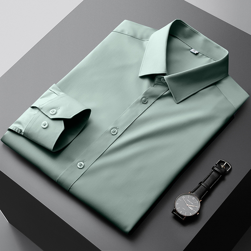 Cămașă bărbați cu mâneci lungi, fibre de bambus, non-iron, anti-pliuri, respirabilă, lavabilă la mașină, amestec poliester, guler drept pătrat, stil business