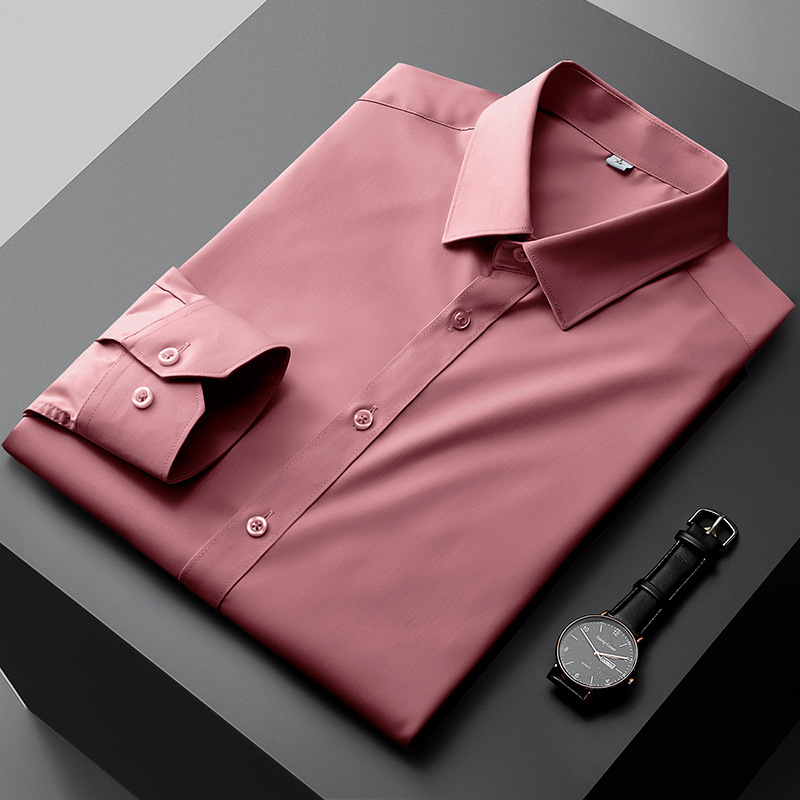 Cămașă bărbați cu mâneci lungi, fibre de bambus, non-iron, anti-pliuri, respirabilă, lavabilă la mașină, amestec poliester, guler drept pătrat, stil business