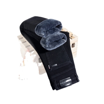 Blugi din denim pentru bărbați, croială Slim Straight, finisaj spălat, căptușeală fleece, talie medie, fermoar, cinci buzunare, pantaloni casual de iarnă