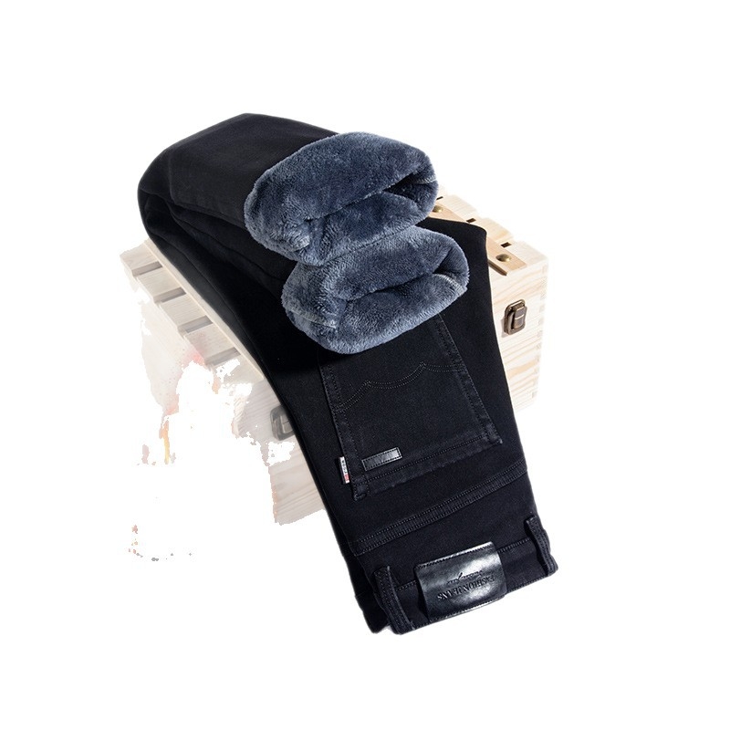 Blugi din denim pentru bărbați, croială Slim Straight, finisaj spălat, căptușeală fleece, talie medie, fermoar, cinci buzunare, pantaloni casual de iarnă