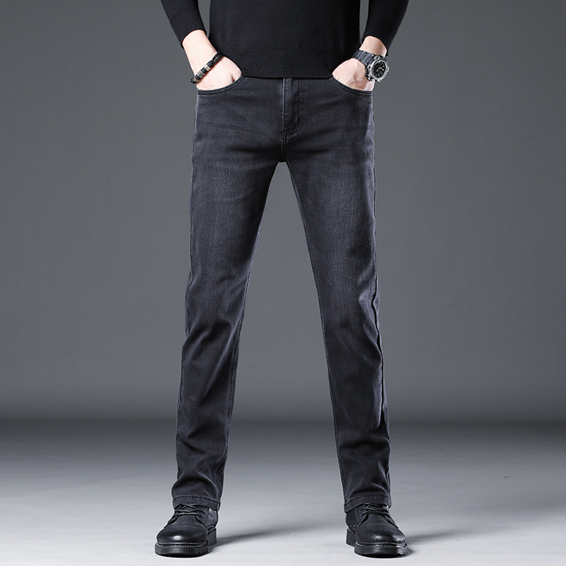 Blugi din denim pentru bărbați, croială Slim Straight, finisaj spălat, căptușeală fleece, talie medie, fermoar, cinci buzunare, pantaloni casual de iarnă