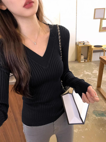 Pulover cu decolteu în V, mâneci lungi, tricot din fibre de viscoză, croială lejeră